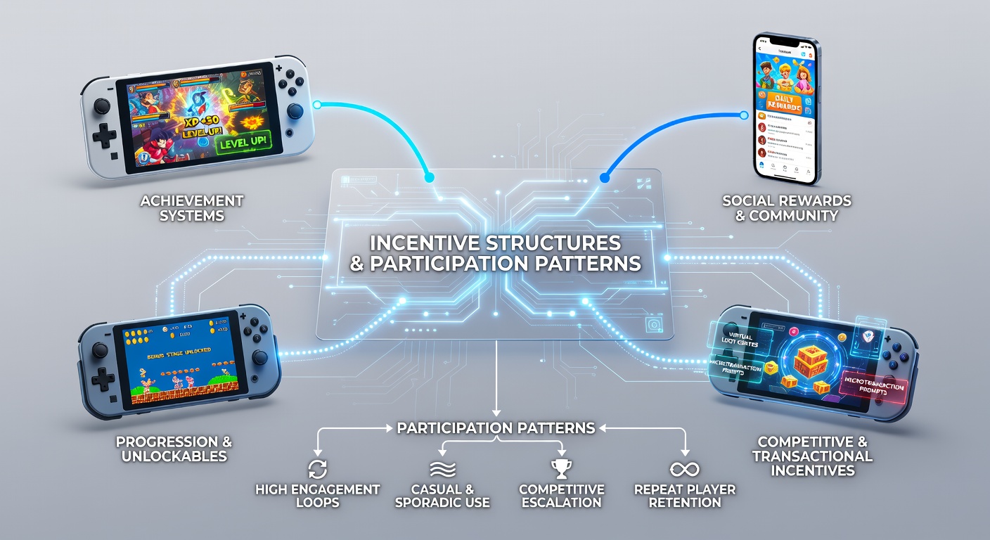 Visual representation of mobile gaming interfaces showing reward notifications and user engagement dashboards on handheld devices