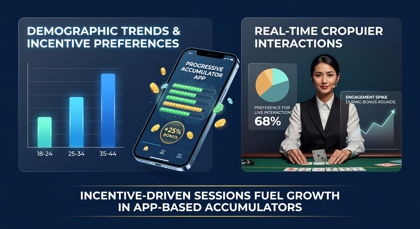 Mobile app interface showing progressive jackpot accumulators alongside live dealer tables with demographic overlay charts