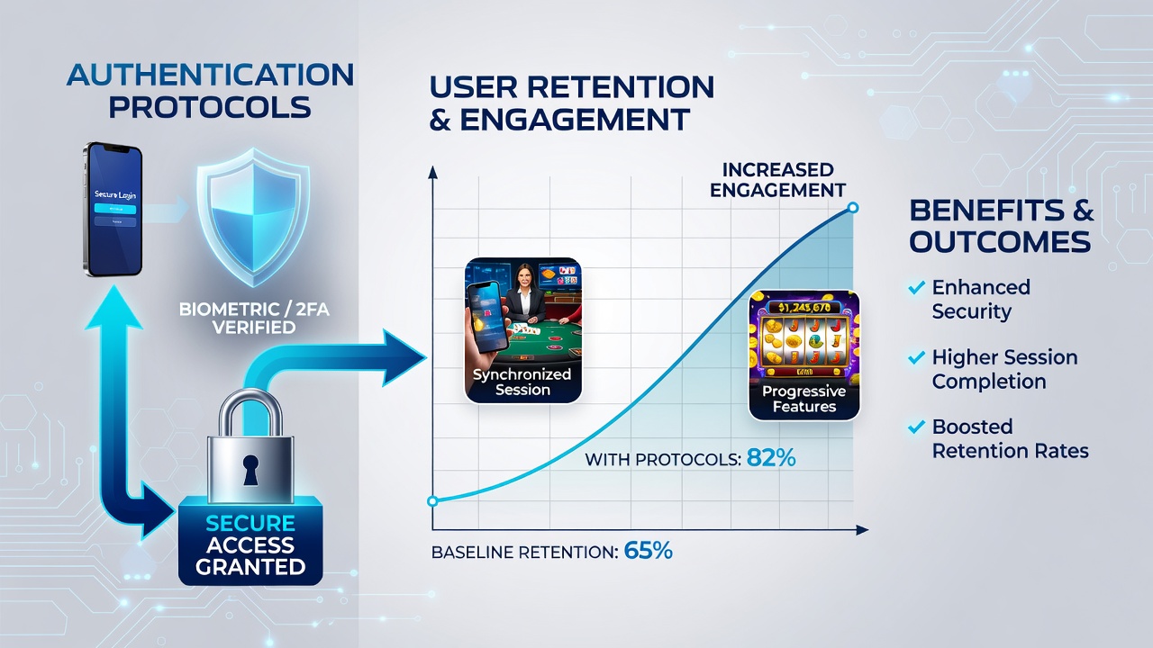 Smartphone screen displaying a secure login interface for a gaming application with synchronized dealer and slot features