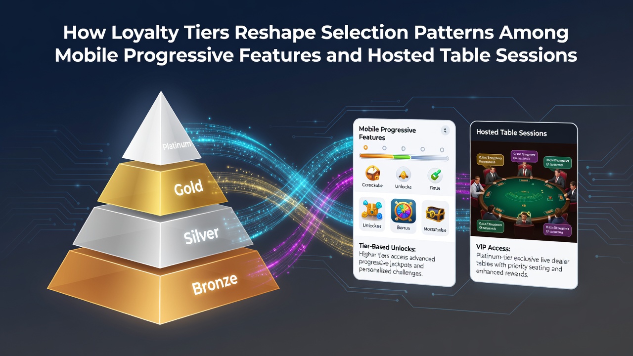 Mobile casino interface showing loyalty tier progression alongside progressive slot options and live table sessions