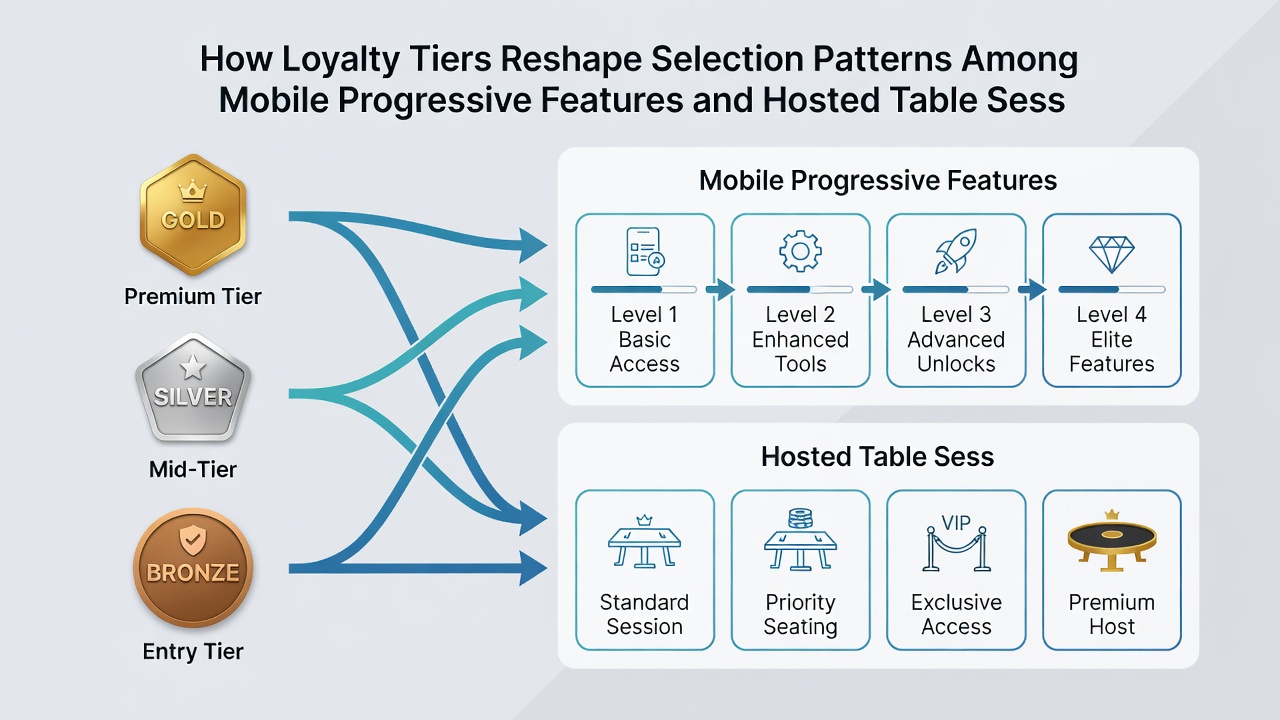 Loyalty tier dashboard highlighting benefits for both progressive slots and live hosted tables on a mobile device
