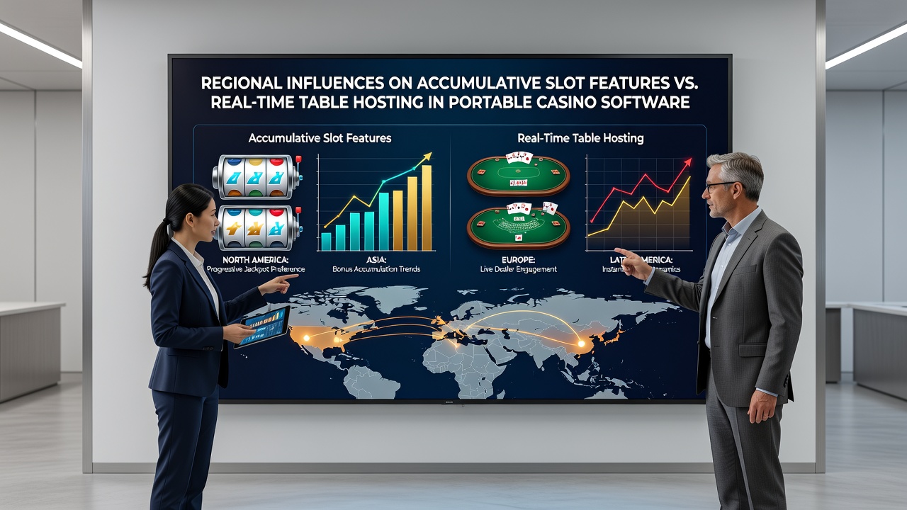 Regional map overlay showing mobile casino app usage patterns for slot accumulators versus live dealer tables across different continents