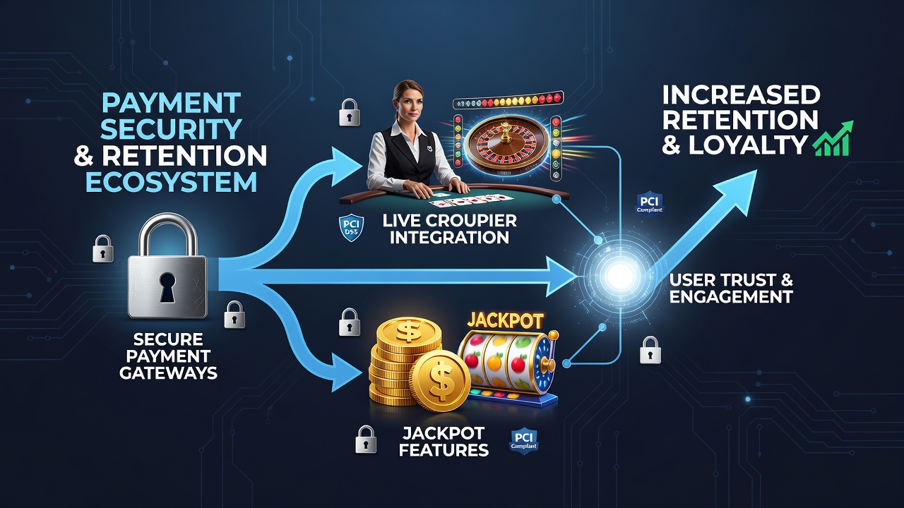 Chart displaying retention curves for apps with varying payment security implementations in live croupier and jackpot environments