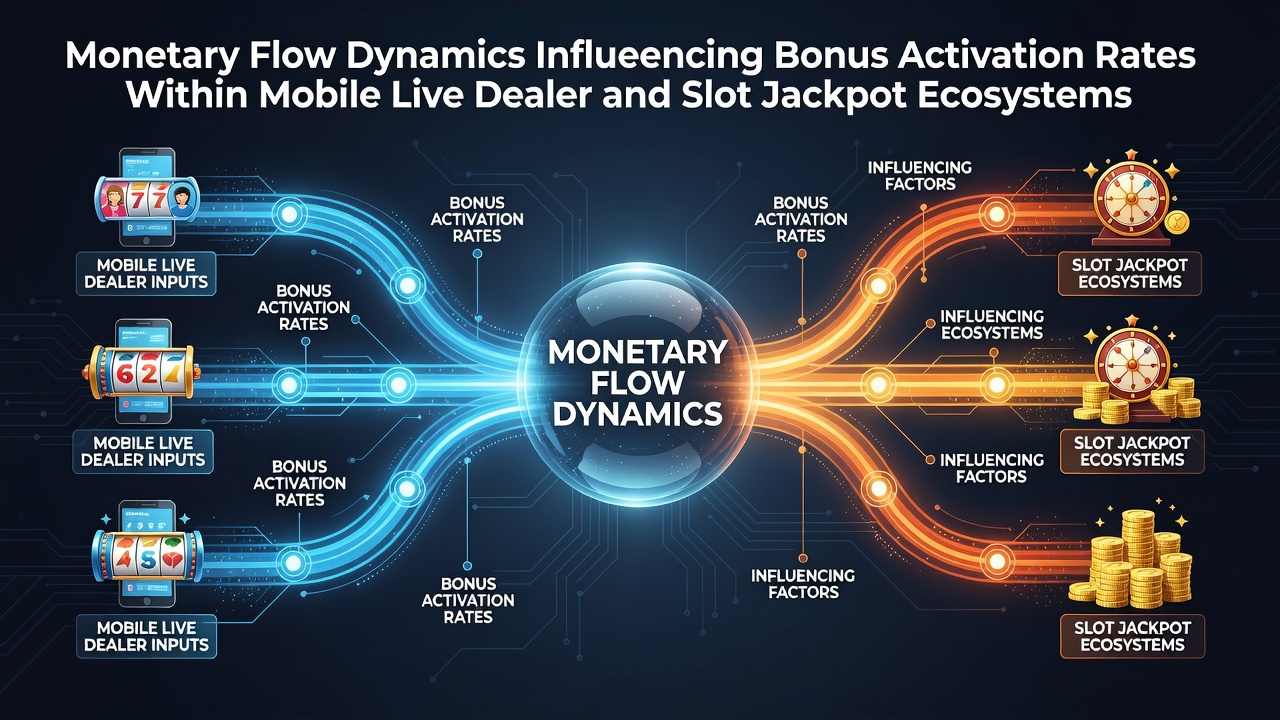 Illustration of monetary transaction flows connecting mobile devices to live dealer tables and progressive slot systems