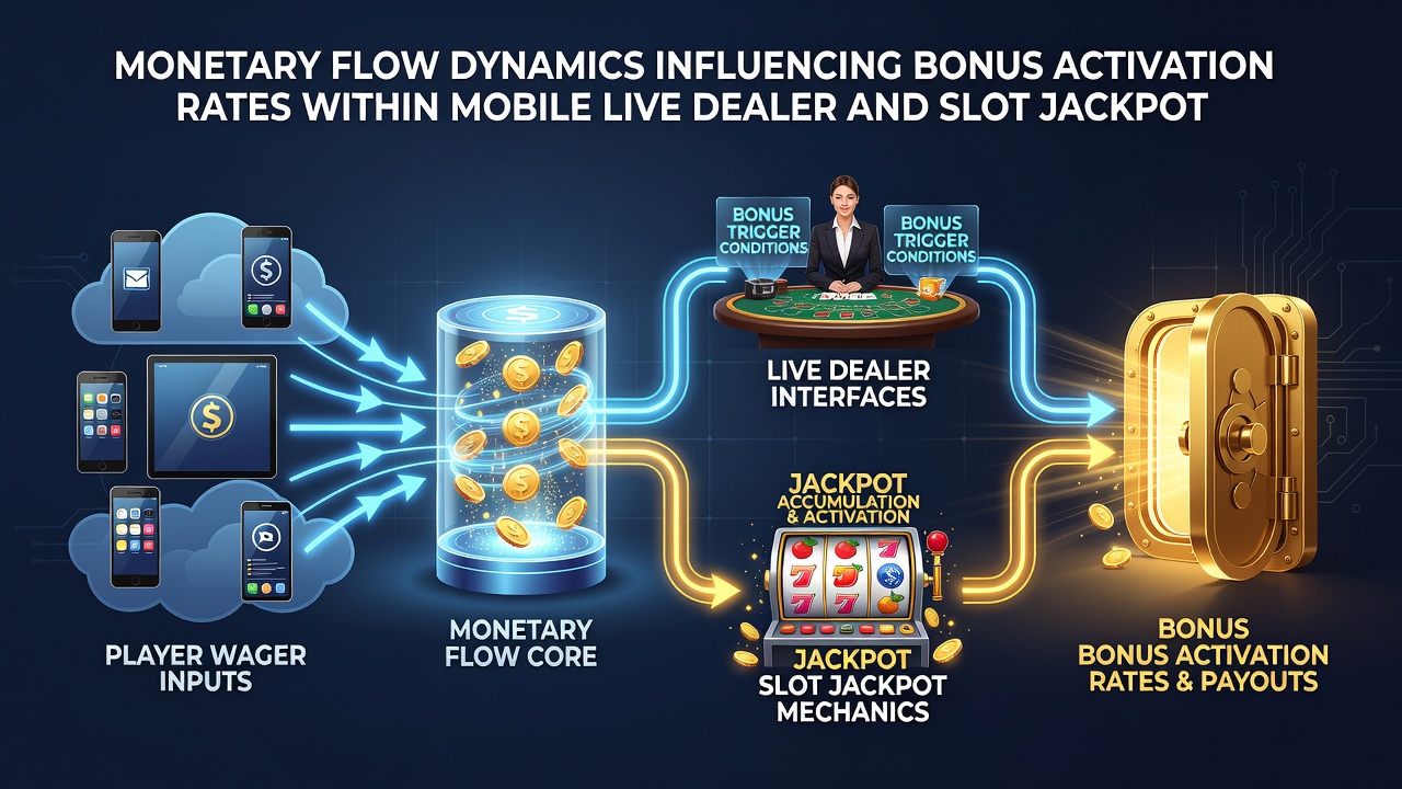 Diagram showing transaction pathways from mobile deposits to slot jackpot contributions and live session bonuses