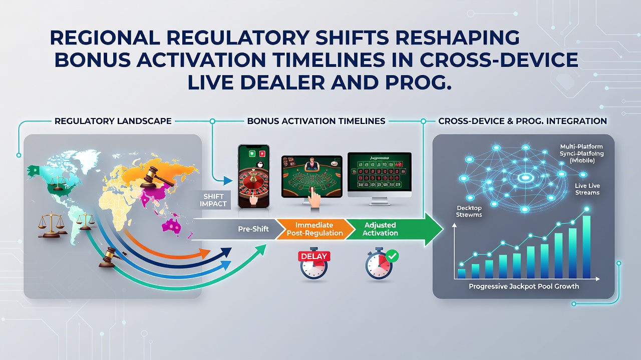 Multiple devices showing synchronized regulatory compliance screens for bonus timelines in live dealer and reel platforms