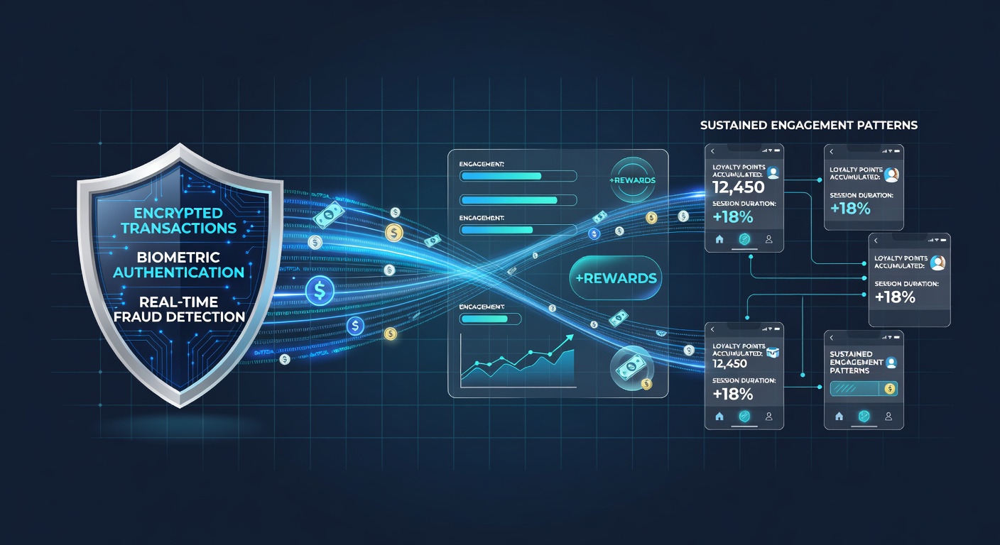 Illustration of secure transaction protocols protecting data flows in mobile reward applications