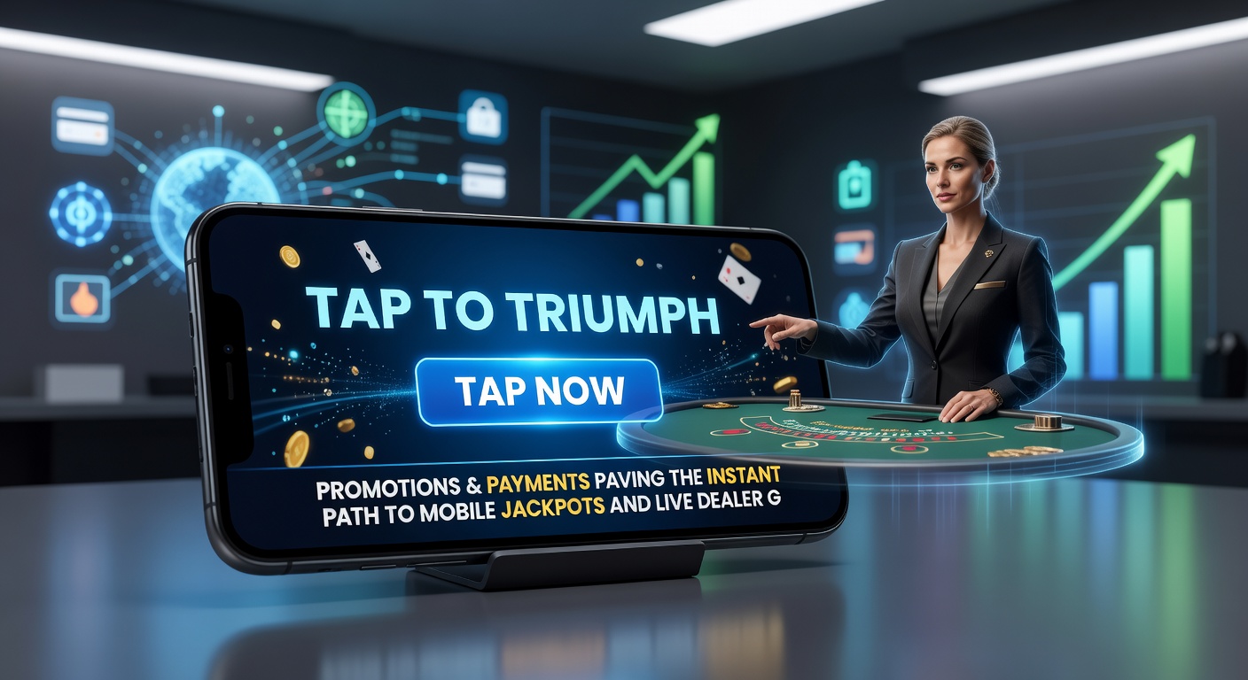 Close-up of a hand tapping a phone screen to activate a casino promotion, showing exploding jackpot counters and live dealer streams in the background