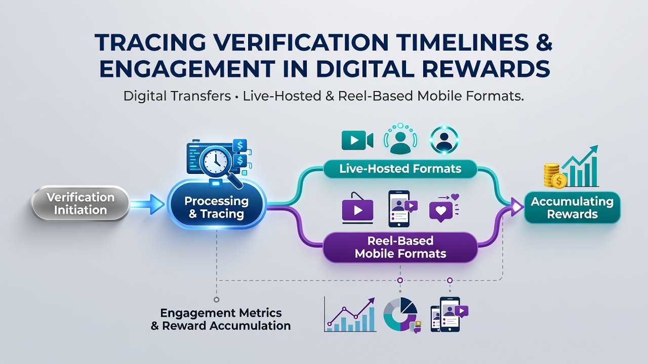 Visualization of verification timelines connecting digital transfers to mobile reward systems in live and reel formats
