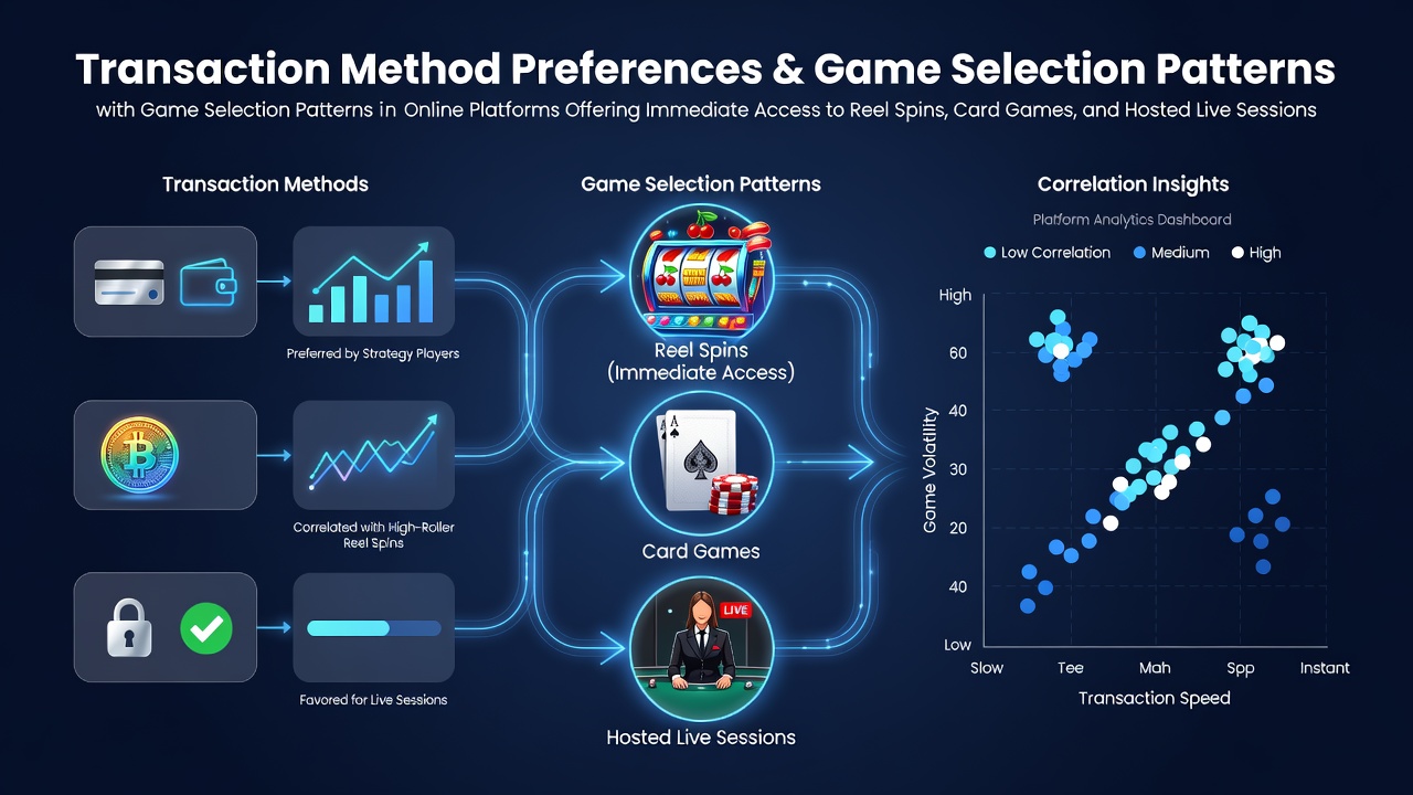Illustration showing various transaction methods like digital wallets and cards connecting to different online game categories including slots and live tables