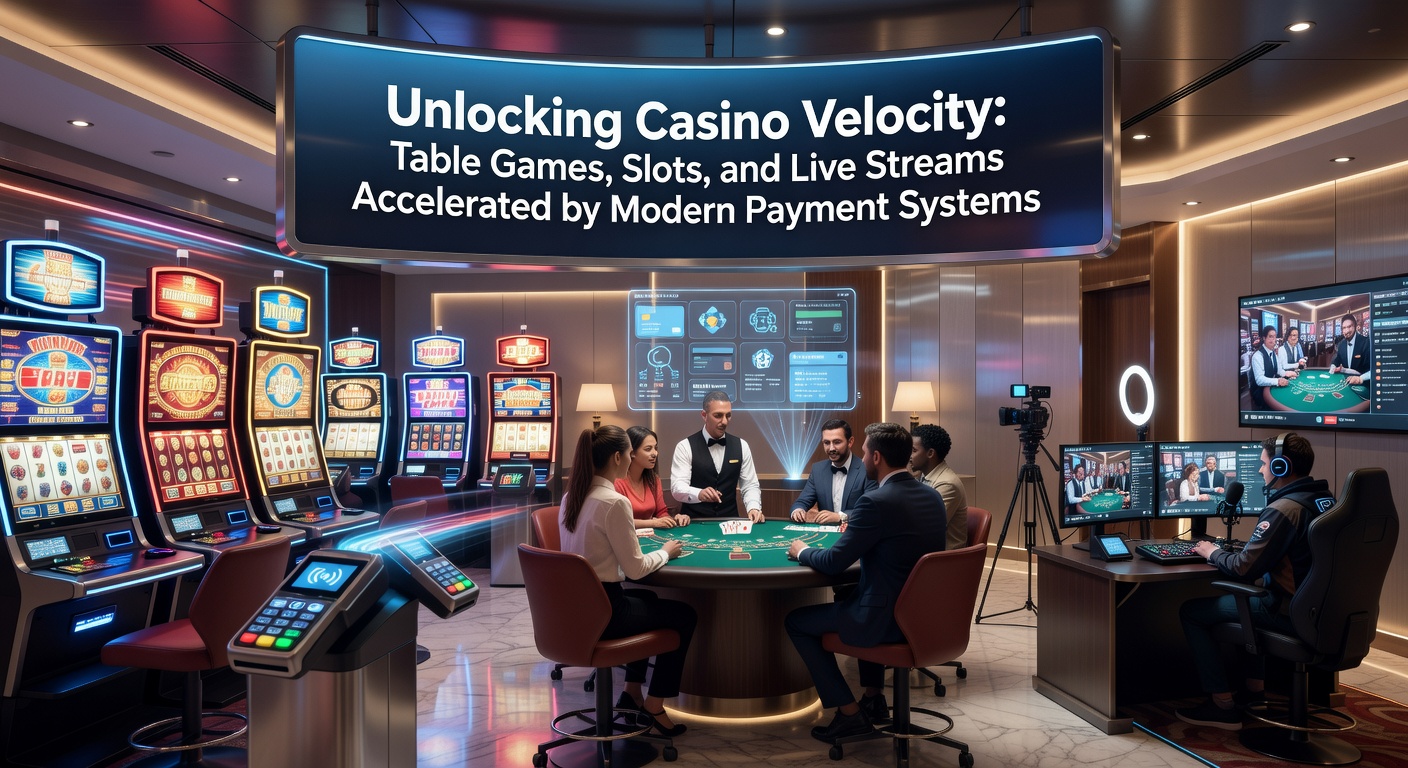 Dynamic casino floor showing players at slot machines and table games with digital payment interfaces glowing on screens