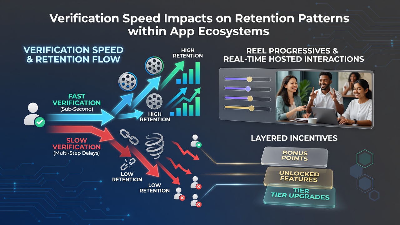 Mobile app interface showing rapid verification process alongside progressive reel displays and live hosted sessions with incentive overlays