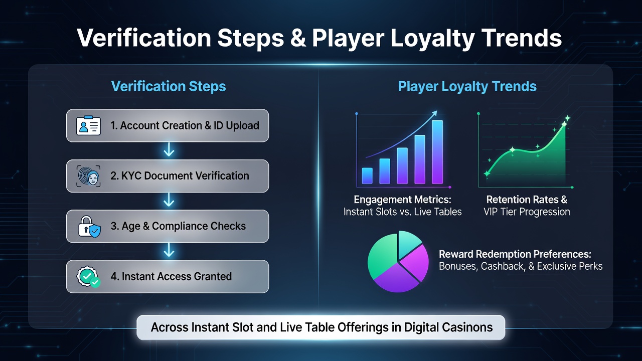 Digital casino interface showing verification prompts alongside slot and live table game options
